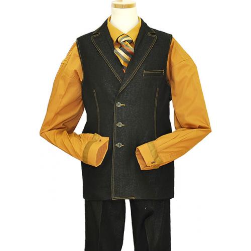 Il Canto Black 100% Cotton Denim Vested Iridescent Suit With Cognac Hand-Pick Stitching 9028